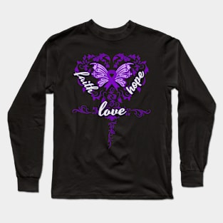 Migraine Headache Awareness Faith Hope Love Butterfly Ribbon, In This Family No One Fights Alone Long Sleeve T-Shirt